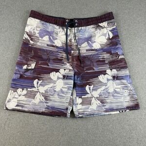 Basix of America Floral Swim Trunks Mens Medium Purple Cargo Beach Surf